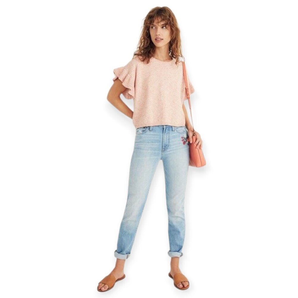 Madewell Peachy Pink Flutter Sleeve Sweater Tee Soft Easy Boxy Medium Womens - Picture 2 of 13